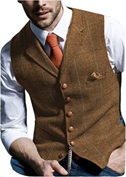 Herren Retro Frack Weste Plaid Wollweste Lässiger Tweed Fischgrätenmuster für Smoking(M, Braun) von HSLS