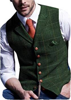 Herren Retro Frack Weste Plaid Wollweste Lässiger Tweed Fischgrätenmuster für Smoking(S, Grün) von HSLS