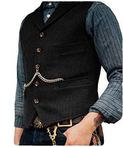 Herren Retro Weste Beiläufig Slim Fit Anzugweste Wolle Tweed Weste für Anzug Smoking(L, schwarz) von HSLS