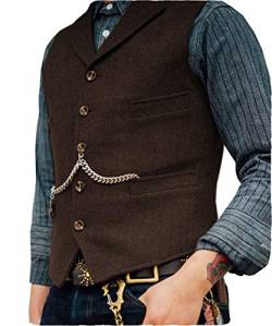 Herren Retro Weste Beiläufig Slim Fit Anzugweste Wolle Tweed Weste für Anzug Smoking(M, Kaffee) von HSLS