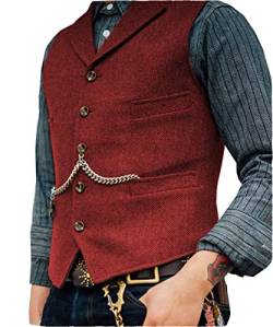 Herren Retro Weste Beiläufig Slim Fit Anzugweste Wolle Tweed Weste für Anzug Smoking(S, Rot) von HSLS