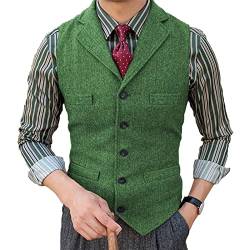 Herren Tweed Anzug Weste Fischgrat Fallendes Revers Retro Wolle Lässig Slim Fit(3XL, Grün) von HSLS