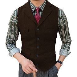 Herren Tweed Anzug Weste Fischgrat Fallendes Revers Retro Wolle Lässig Slim Fit(M, Kaffee) von HSLS