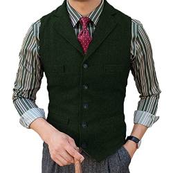 Herren Tweed Anzug Weste Fischgrat Fallendes Revers Retro Wolle Lässig Slim Fit(S, Armeegrün) von HSLS