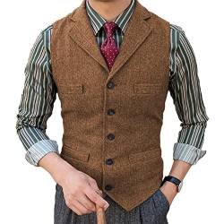 Herren Tweed Anzug Weste Fischgrat Fallendes Revers Retro Wolle Lässig Slim Fit(XS, Braun) von HSLS