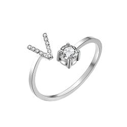 HSWYFCJY Silber Damen Ring mit Buchstabe, Offener Verstellbare Initiale Ring für Frauen, Alphabet A-Z Zirkonia DamenRing aus Edelstahl von HSWYFCJY