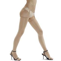 HTRUIYATY Damen Sexy Strapsstrümpfe mit Spitze Strapse Oberschenkel Öl Glänzende Seidig Stockings 8 Denier Beige von HTRUIYATY