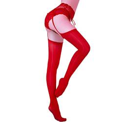 HTRUIYATY Damen StrapsstrüMpfe Sexy öLig GläNzend Seidig Strapsstrumpfhose Straps-Stocking 8 DEN Rot von HTRUIYATY