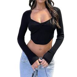 HTTOAR Damen Langarm T-Shirt mit stilvollem figurbetontem Rippdesign - Modisches Oberteil, Slim Fit mit Langen Ärmeln für Frauen - Sexy Bauchfrei Shirt aus Rippstoff (Large, schwarz) von HTTOAR