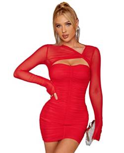 HTZMO Damen Langarm Cut Out Minikleid Sheer Mesh Ruched Bodycon Sexy Party Kleider, Rot/Ausflug, einfarbig (Getaway Solids), X-Groß von HTZMO