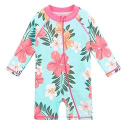 HUAANIUE 1-Teiliger Badeanzug Mädchen Baby Anti-UV UPF 50+ Baby Mädchen Einteiliger Badeanzug mit Reißverschluss Langen Ärmeln 1 Monat-6 Jahre (S308-Volle Cyan Blume, 3-4 Jahre) von HUAANIUE