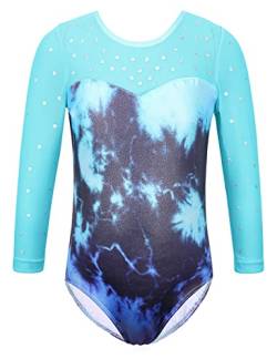 HUAANIUE Mädchen Gymnastik Gymnastikanzug Langarm Ballett Gymnastikanzug Blau Mädchen Sportbekleidung Tanzen Lila Gym Kleid Athletic Turnanzug Ballett Kinderkostüm, M Longsleeve CyanTieDye, 7-8 Jahre von HUAANIUE