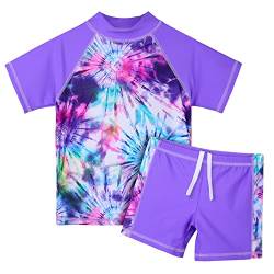 HUAANIUE Mädchen Kinder Badeanzug 2 Stück Kinder Mädchen Strand Badeanzug Kurzarm 3-12 Jahre (S393-Lila Tie Dye, 11-12 Jahre) von HUAANIUE