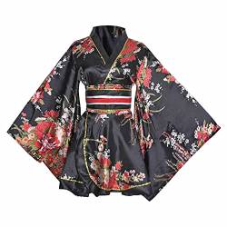 HUAHUA Damen Sexy Kurz Kimono Kleid Blumendruck Japanische Traditionelle Geisha Yukata Bademantel Rock Gürtel Outfit, D01-schwarz, Einheitsgröße von HUAHUA