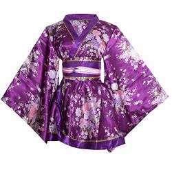 HUAHUA Damen Sexy kurzes Kimono-Kleid mit Blumendruck, japanischer traditioneller Geisha-Yukata-Bademantel, Rock, Gürtel-Outfit (D02-Lila, Einheitsgröße) von HUAHUA