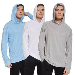 HUAKANG 3er Pack Herren Langarm Rashguard Kapuzenpullover UPF50+ Shirt Rashguard Angelbekleidung UV Sonnenschutz Surfen Schwimmen Running-0610-Blue White Grey-2XL von HUAKANG