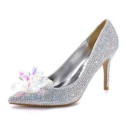 HUANLE High Heels Hochzeit Damen Schuhe Diamant Pumps Cinderella Kristall Schuhe Strass Spitze Zehen Glitzer Party Silberfarben Diamant 7 cm, 42 von HUANLE