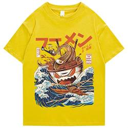 Japanisches Harajuku T-Shirt Herren 2022 Sommer Hip Hop T Shirts Nudelschiff Cartoon Streetwear T Shirts Kurzarm Casual Top Baumwolle Gelb, XL von HUANLE