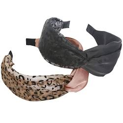 2PCS Stirnbänder für Frauen Haar Boho Stirnband Wrap Tie Mode Haartuch Fliege Haarschmuck Rutschfeste Stoff Haarbänder Breite Alice Haarbänder für Frauen Uk und Mädchen (LeopardBlackDE) von HUANMAYE