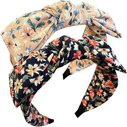 2Pcs Boho Fliege verknotet Stoff Stirnbänder verknotet Haar Bands elastische Stoff Kopfbedeckungen Vintage Blume Stirnband Turban Haarreifen für Frauen (Floral1DE) von HUANMAYE