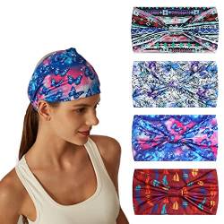 4Stück Stirnbänder für Frauen Breite verknotete Turban Bandana Boho Kopftücher Wraps Yoga Haarbänder Stoff elastische Stirnband Sport Laufen Kopftücher (CrossDEF) von HUANMAYE