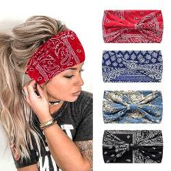 4Stück Stirnbänder für Frauen Breite verknotete Turban Bandana Boho Kopftücher Wraps Yoga Haarbänder Stoff elastische Stirnband Sport Laufen Kopftücher (Floral) von HUANMAYE