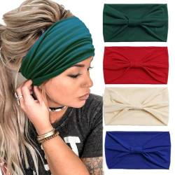 4Stück Stirnbänder für Frauen Breite verknotete Turban Bandana Boho Kopftücher Wraps Yoga Haarbänder Stoff elastische Stirnband Sport Laufen Kopftücher (PlainWhite) von HUANMAYE