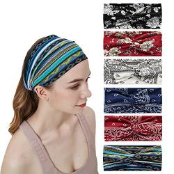 6Stück Bandana Stirnbänder für Frauen breite wellige Kopftuch Boho Kopftücher Wraps Turban Stoff elastische Stirnband Yoga Haarbänder Sport Laufen Kopftücher (WideCashew) von HUANMAYE