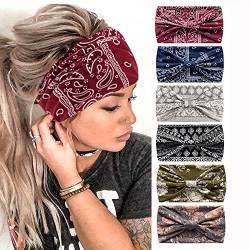 6Stück Stirnbänder für Frauen Breite verknotete Turban Bandana Boho Kopftücher Wraps Yoga Haarbänder Stoff elastische Stirnband Sport Laufen Kopftücher (FlowerDE) von HUANMAYE