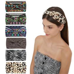 6Stück Stirnbänder für Frauen Breite verknotete Turban Bandana Boho Kopftücher Wraps Yoga Haarbänder Stoff elastische Stirnband Sport Laufen Kopftücher (Leopard) von HUANMAYE