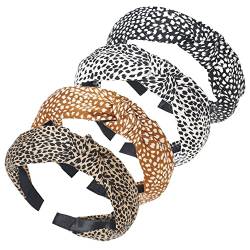 Stirnbänder für Frauen Erwachsene Frauen Boho Wide Knot Turban Stoff Haarband No Slip elastische Haare Hoops Mode Haarschmuck für Frauen und Mädchen 4Pcs (LeopardDE) von HUANMAYE