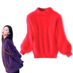 Damen-Winterpullover aus Angora-Kaschmir-Mischung, lockerer, warmer Pullover, flauschiger, flauschiger Plüschpullover, einfarbiger Damen-Strickpullover mit Rundhalsausschnitt (Rot,Einheitsgröße) von HUANZHI