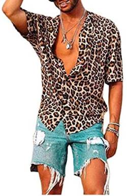 Huazong Herren-Shirt, lässig, kurzärmelig, Knopfleiste, Leopardenmuster, 3D-Druck, Funky, kurzärmlig, Urlaub, Hawaiianisches Aloha-Shirt für Herren Gr. M, leopard von HUAZONG