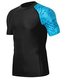 HUGE SPORTS Herren Kurzarm Splice Skins Rash Guard Shirt Schnelltrocknend Schwimmshirt Sonnenschutz Blau Piktogramm 3XL von HUGE SPORTS