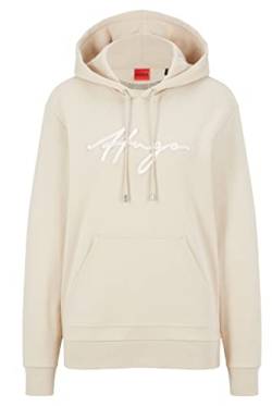 HUGO Damen Easy Hoodie Kapuzenpullover aus Baumwoll-Terry mit handgeschriebener Logo-Stickerei Hellbeige XS von HUGO