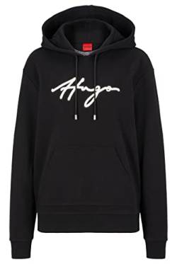 HUGO Damen Easy Hoodie Kapuzenpullover aus Baumwoll-Terry mit handgeschriebener Logo-Stickerei Schwarz XS von HUGO