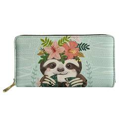 HUGS IDEA lange Geldbörse für Frauen Damen Mädchen entzückender Welpe Hund Blumen Design Kartenhalter Reißverschluss Clutch Grün Faultier 5 Einheitsgröße von HUGS IDEA