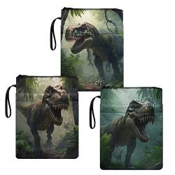 HUIACONG Dinosaurier Forest Buchhüllen 3er-Pack mit Reißverschluss und Vordertasche, Buchhüllen, cooler T-Rex-Buchumschlag mit tragbaren Seil-Buchhüllen für Taschenbuch, Lehrbuch, Buchhüllen, Umschläge von HUIACONG