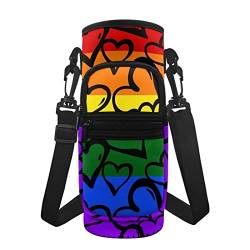 HUIACONG Regenbogenstreifen Herz Wasserflasche Tragetasche mit verstellbarem Schultergurt 907 ml / 680 ml Wasserflaschenhalter für Wandern, Wandern, Reisen, Laufen von HUIACONG