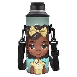 HUIACONG Schwarze afrikanische Mädchen-Wasserflaschenhalter für Erwachsene und Kinder, Tragetasche mit Gurt, isolierte Neopren-Wasserflaschenhülle für Schule, Wandern, 680 ml / 907 ml von HUIACONG
