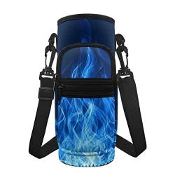 HUIACONG Wasserflaschenträger mit abnehmbarem Riemen, blaue Flamme, Thermo-Umhängetasche, 680 ml/900 ml Wasserflasche, mit Reißverschlusstaschen vorne von HUIACONG
