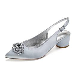 Damen Ivory Satin Strass Blockabsatz Brautschuhe Slingback Pumps Sandalen Geschlossene Zehen Hochzeitschuhe,Silber,38 EU von HUIBAOGONG