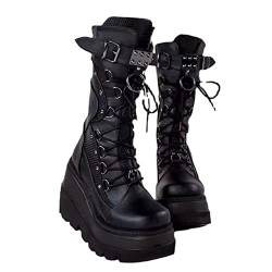 Damenplattformstiefel Block High Heel Mid Cal Calg Stiefel Schnürung Rücken Reißverschluss Punk Goth Combat Stiefel Motorradstiefel,Schwarz,39 EU von HUIBAOGONG