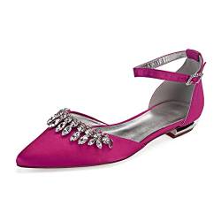 Frauen Niedrige Ferse Pumps Spitzen Zehe Hochzeitsschuhe Satin Strass Brautschuhe mit Knöchelriemen,Rose red,38 EU von HUIBAOGONG