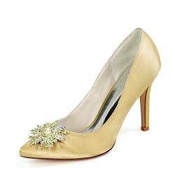 Frauen Stiletto High Heel -Kleid Pumps Satin Slip auf Spitzschuh Braut Hochzeit Abend Partyschuhe mit Strass,Gold,39 EU von HUIBAOGONG