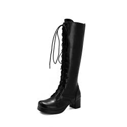 HUIBAOGONG Damen Knee High Combat Boots Flache Gothic Kniehohe Stiefel Punk Kniehohe Schnürstiefel,Schwarz,40 EU von HUIBAOGONG