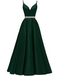 Abendkleider Lang A-Linie Ballkleid Brautkleid Prinzessin Cocktailkleid Satin V-Ausschnitt Partykleid Festkleider Dunkel grün 40 von HUINI