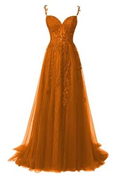 Abendkleider Lang Elegant Ballkleid Tüll Standesamtliche Hochzeitskleid für Damen A-Linie Schulterfrei Festkleid Dunkelorange 36 von HUINI