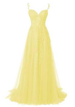 Abendkleider Lang Elegant Ballkleid Tüll Standesamtliche Hochzeitskleid für Damen A-Linie Schulterfrei Festkleid Gelb 36 von HUINI