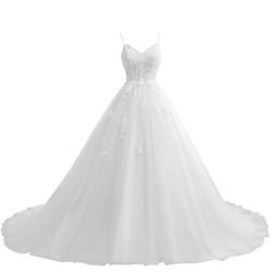 Damen Brautkleider Lang A-Linie Hochzeitskleid Glitzer Brautmode Spitze Vintage Standesamtkleid Prinzessin Weiß 48 von HUINI